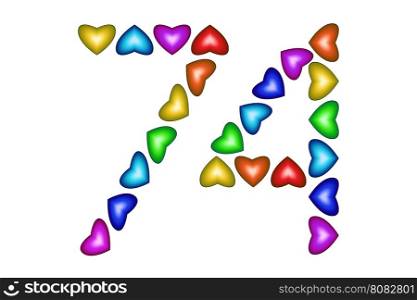 Number 74 of colorful hearts on white. Symbol for happy birthday, event, invitation, greeting card, award, ceremony. Holiday anniversary sign. Multicolored icon. Seventy four in rainbow colors. Vector