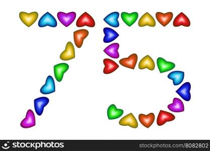 Number 75 of colorful hearts on white. Symbol for happy birthday, event, invitation, greeting card, award, ceremony. Holiday anniversary sign. Multicolored icon. Seventy five in rainbow colors. Vector