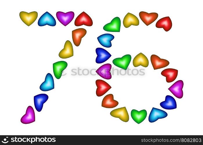 Number 76 of colorful hearts on white. Symbol for happy birthday, event, invitation, greeting card, award, ceremony. Holiday anniversary sign. Multicolored icon. Seventy six in rainbow colors. Vector