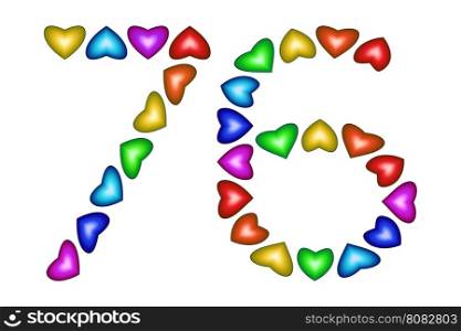 Number 76 of colorful hearts on white. Symbol for happy birthday, event, invitation, greeting card, award, ceremony. Holiday anniversary sign. Multicolored icon. Seventy six in rainbow colors. Vector