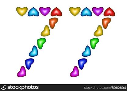 Number 77 of colorful hearts on white. Symbol for happy birthday, event, invitation, greeting card, award, ceremony. Holiday anniversary sign. Multicolored icon. Seventy seven in rainbow colors Vector