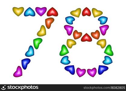 Number 78 of colorful hearts on white. Symbol for happy birthday, event, invitation, greeting card, award, ceremony. Holiday anniversary sign. Multicolored icon. Seventy eight in rainbow colors Vector