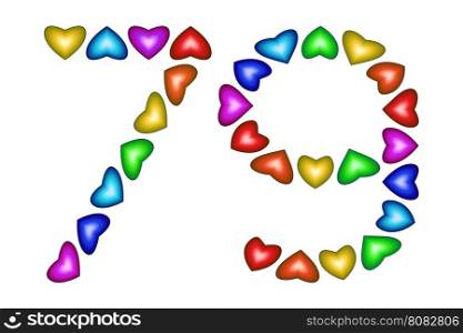 Number 79 of colorful hearts on white. Symbol for happy birthday, event, invitation, greeting card, award, ceremony. Holiday anniversary sign. Multicolored icon. Seventy nine in rainbow colors. Vector