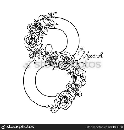 Number 8 design with flowers. Icon outline style. Happy womens day. Vector illustration.