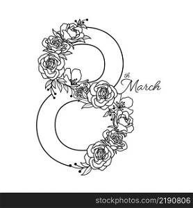 Number 8 design with flowers. Icon outline style. Happy womens day. Vector illustration.