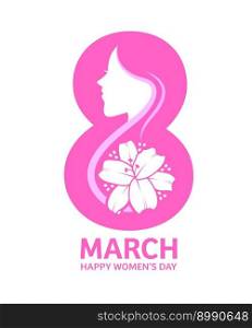 Number 8 design with women face and flower. 8 March icon design for women’s day. Template for poster, banner, vector illustration.