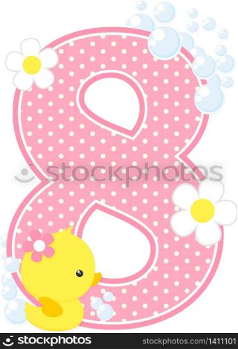 number 8 with bubbles and cute rubber duck isolated on white. can be used for baby girl birth announcements, nursery decoration, party theme or birthday invitation. Design for baby girl