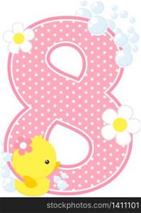 number 8 with bubbles and cute rubber duck isolated on white. can be used for baby girl birth announcements, nursery decoration, party theme or birthday invitation. Design for baby girl