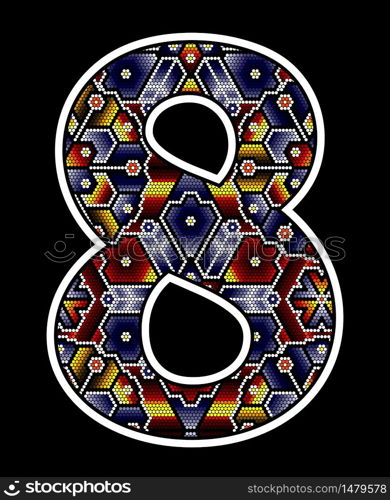 number 8 with colorful dots. Abstract design inspired in mexican huichol beaded art style. isolated on black background