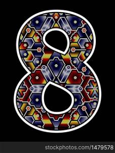 number 8 with colorful dots. Abstract design inspired in mexican huichol beaded art style. isolated on black background