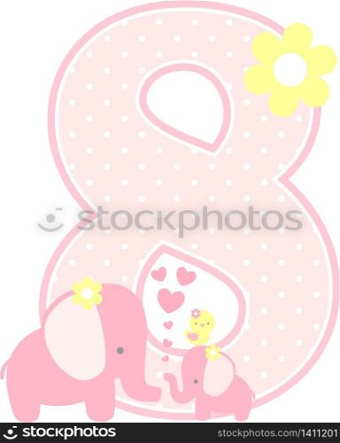 number 8 with cute elephant and little baby elephant isolated on white. can be used for mother&rsquo;s day card, baby girl birth announcements, nursery decoration, party theme or birthday invitation