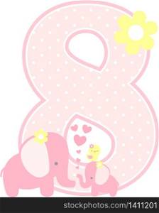 number 8 with cute elephant and little baby elephant isolated on white. can be used for mother&rsquo;s day card, baby girl birth announcements, nursery decoration, party theme or birthday invitation