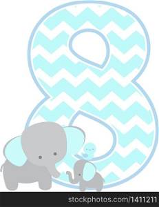number 8 with cute elephant and little baby elephant isolated on white background. can be used for father&rsquo;s day card, baby boy birth announcements, nursery decoration, party theme or birthday invitation