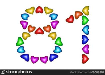 Number 81 of colorful hearts on white. Symbol for happy birthday, event, invitation, greeting card, award, ceremony. Holiday anniversary sign. Multicolored icon. Eighty one in rainbow colors. Vector