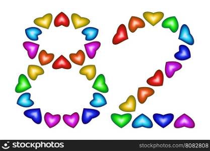 Number 82 of colorful hearts on white. Symbol for happy birthday, event, invitation, greeting card, award, ceremony. Holiday anniversary sign. Multicolored icon. Eighty two in rainbow colors. Vector