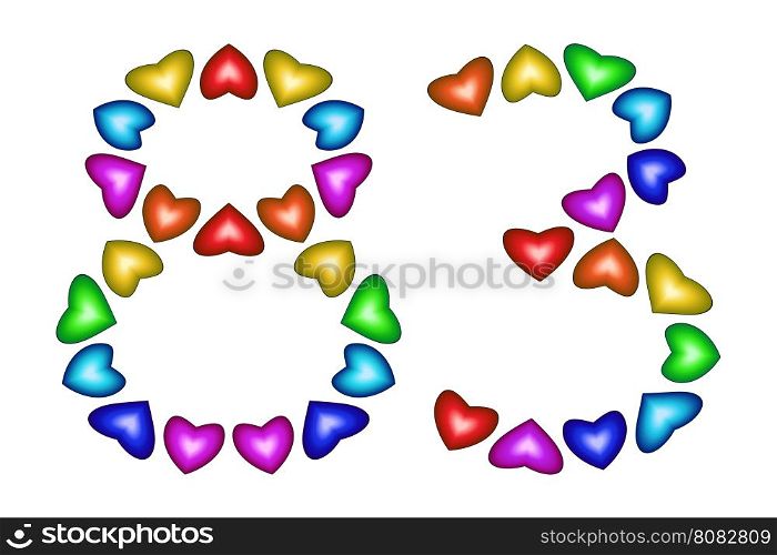 Number 83 of colorful hearts on white. Symbol for happy birthday, event, invitation, greeting card, award, ceremony. Holiday anniversary sign. Multicolored icon. Eighty three in rainbow colors. Vector