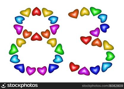 Number 83 of colorful hearts on white. Symbol for happy birthday, event, invitation, greeting card, award, ceremony. Holiday anniversary sign. Multicolored icon. Eighty three in rainbow colors. Vector