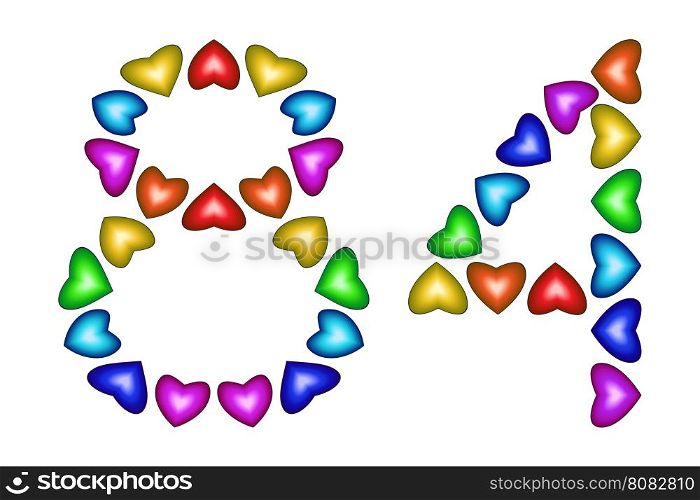 Number 84 of colorful hearts on white. Symbol for happy birthday, event, invitation, greeting card, award, ceremony. Holiday anniversary sign. Multicolored icon. Eighty four in rainbow colors. Vector