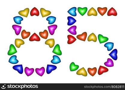 Number 85 of colorful hearts on white. Symbol for happy birthday, event, invitation, greeting card, award, ceremony. Holiday anniversary sign. Multicolored icon. Eighty five in rainbow colors. Vector