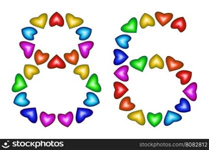 Number 86 of colorful hearts on white. Symbol for happy birthday, event, invitation, greeting card, award, ceremony. Holiday anniversary sign. Multicolored icon. Eighty six in rainbow colors. Vector