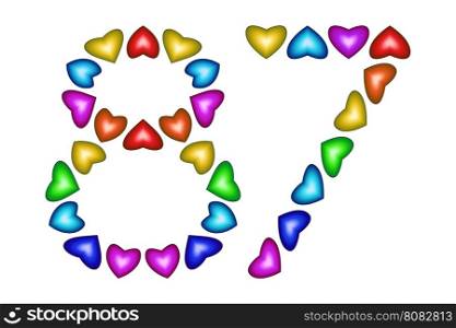 Number 87 of colorful hearts on white. Symbol for happy birthday, event, invitation, greeting card, award, ceremony. Holiday anniversary sign. Multicolored icon. Eighty seven in rainbow colors. Vector
