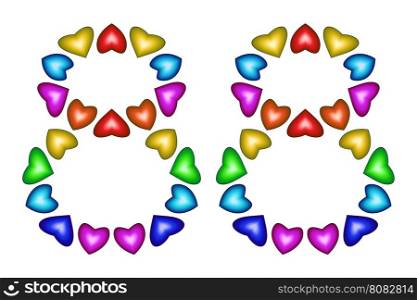 Number 88 of colorful hearts on white. Symbol for happy birthday, event, invitation, greeting card, award, ceremony. Holiday anniversary sign. Multicolored icon. Eighty eight in rainbow colors. Vector