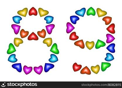 Number 89 of colorful hearts on white. Symbol for happy birthday, event, invitation, greeting card, award, ceremony. Holiday anniversary sign. Multicolored icon. Eighty nine in rainbow colors. Vector