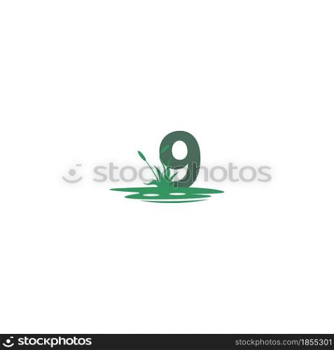Number 9 behind puddles and grass template illustration