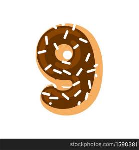 Number 9 donut. Doughnut font nine. Sweet alphabet. candy lettering. food ABC sign