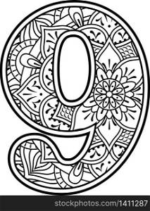 number 9 in black and white with doodle ornaments and design elements from mandala art style for coloring. Isolated on white background