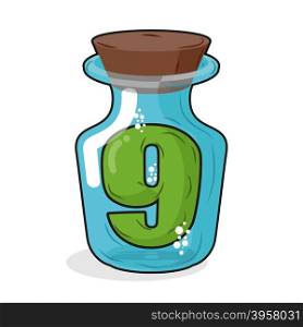 number 9 in bottle. Green figure in a blue glass jar. Magic potion bottle and a wooden stopper. Vector illustration of laboratory flask vessel
