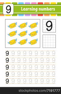 Number 9. Trace and write. Handwriting practice. Learning numbers for kids. Education developing worksheet. Activity page. Game for toddlers. Isolated vector illustration in cute cartoon style.