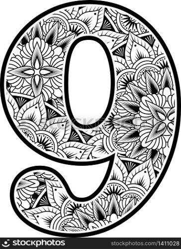 number 9 with abstract flowers ornaments in black and white. design inspired from mandala art style for coloring. Isolated on white background