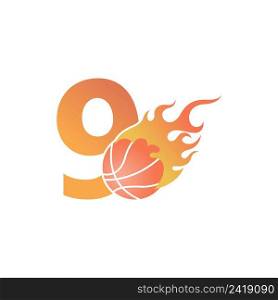 Number 9 with basketball ball on fire illustration vector