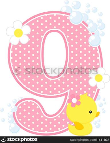 number 9 with bubbles and cute rubber duck isolated on white. can be used for baby girl birth announcements, nursery decoration, party theme or birthday invitation. Design for baby girl