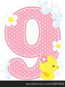 number 9 with bubbles and cute rubber duck isolated on white. can be used for baby girl birth announcements, nursery decoration, party theme or birthday invitation. Design for baby girl