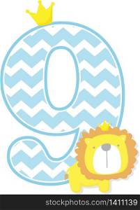 number 9 with chevron pattern. cute little lion king isolated on white background. can be used for father&rsquo;s day card, baby boy birth announcements, nursery decoration, party theme or birthday invitation
