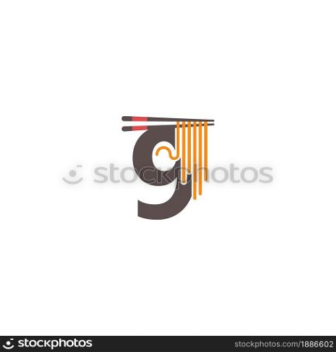 Number 9 with chopsticks and noodle icon logo design template