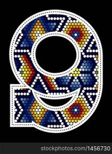 number 9 with colorful dots abstract design inspired in mexican huichol art style isolated on black background