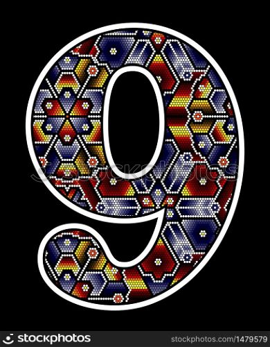 number 9 with colorful dots. Abstract design inspired in mexican huichol beaded art style. isolated on black background