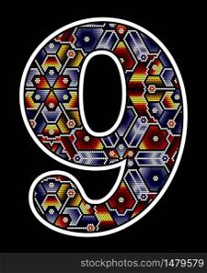 number 9 with colorful dots. Abstract design inspired in mexican huichol beaded art style. isolated on black background
