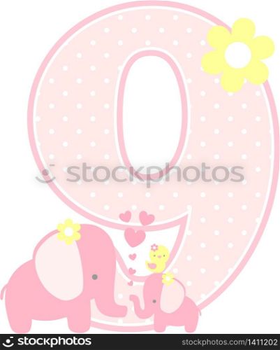 number 9 with cute elephant and little baby elephant isolated on white. can be used for mother&rsquo;s day card, baby girl birth announcements, nursery decoration, party theme or birthday invitation