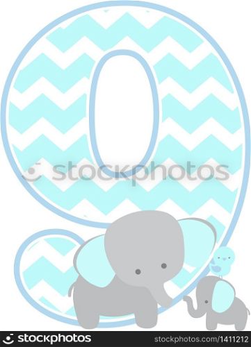 number 9 with cute elephant and little baby elephant isolated on white background. can be used for father&rsquo;s day card, baby boy birth announcements, nursery decoration, party theme or birthday invitation