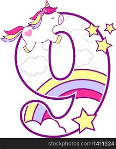 number 9 with cute unicorn and rainbow. can be used for baby birth announcements, nursery decoration, party theme or birthday invitation. Design for baby and children