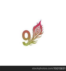Number 9 with feather logo icon design vector illustration