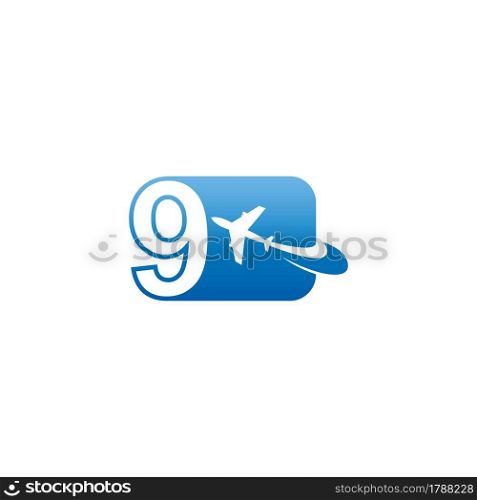 Number 9 with plane logo icon design vector illustration