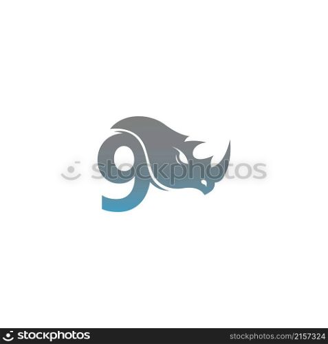 Number 9 with rhino head icon logo template vector