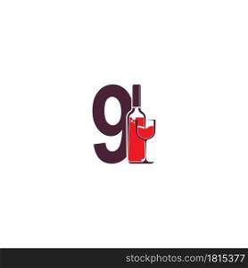 Number 9 with wine bottle icon logo vector template