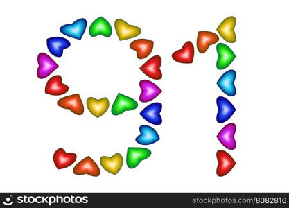 Number 91 of colorful hearts on white. Symbol for happy birthday, event, invitation, greeting card, award, ceremony. Holiday anniversary sign. Multicolored icon. Ninety one in rainbow colors. Vector