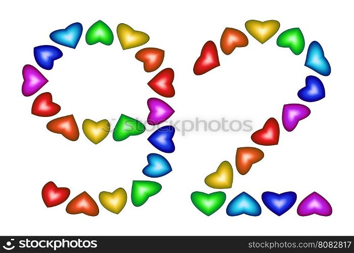 Number 92 of colorful hearts on white. Symbol for happy birthday, event, invitation, greeting card, award, ceremony. Holiday anniversary sign. Multicolored icon. Ninety two in rainbow colors. Vector